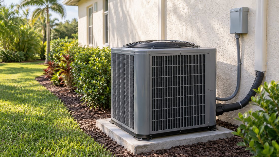 Closed residential outdoor AC condenser beside a stucco wall and landscaping