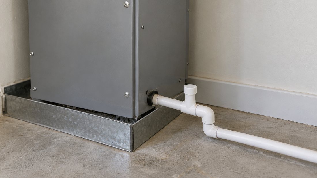 Condensate drain pipe beside a residential air handler