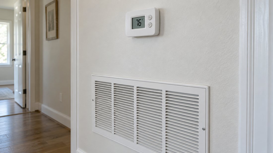 Wall thermostat and return-air grille in a bright residential interior